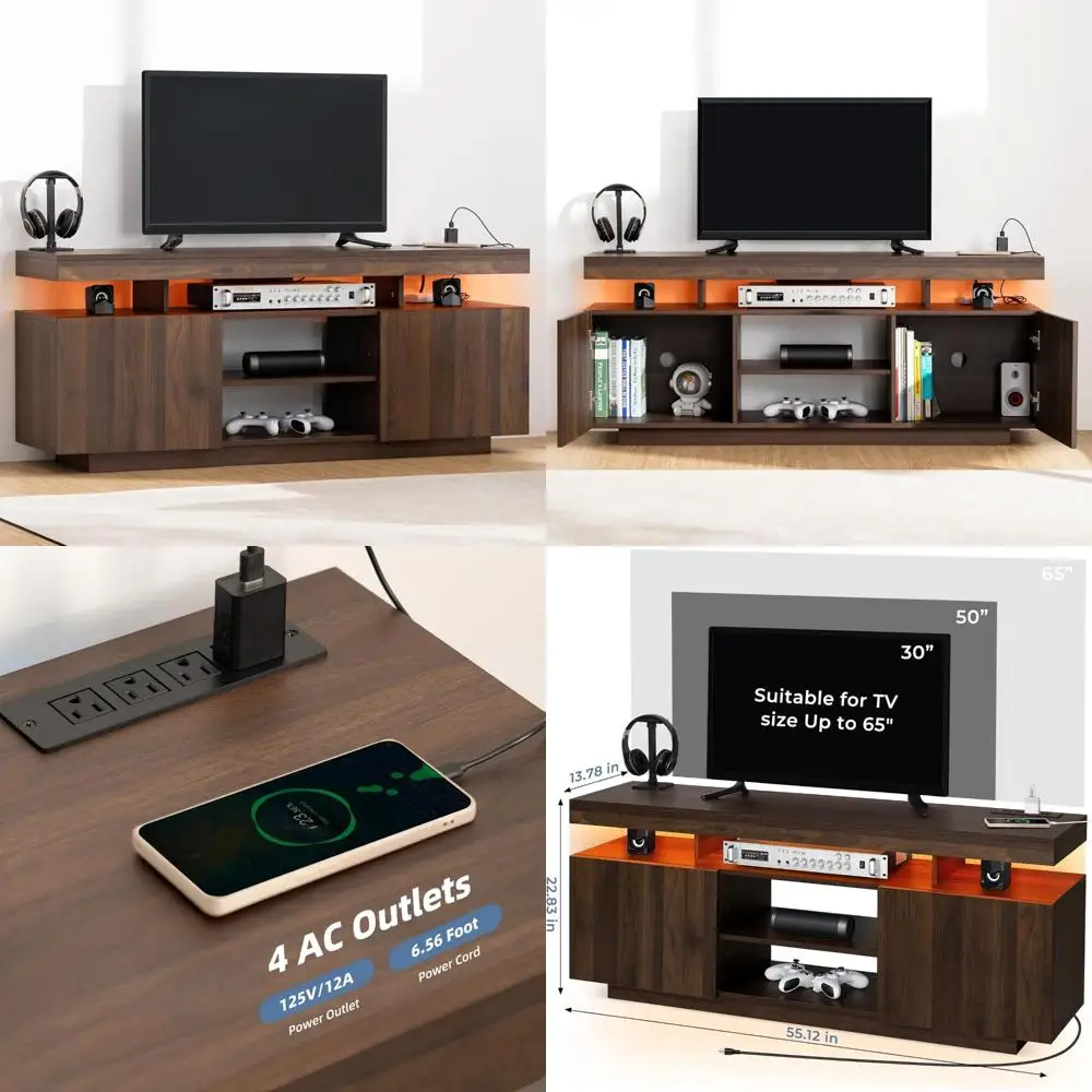 Modern Entertainment Center for 65/60/55 Inch TVs - LED TV Stand with Power Outlets, Gaming Console Storage and Media Table