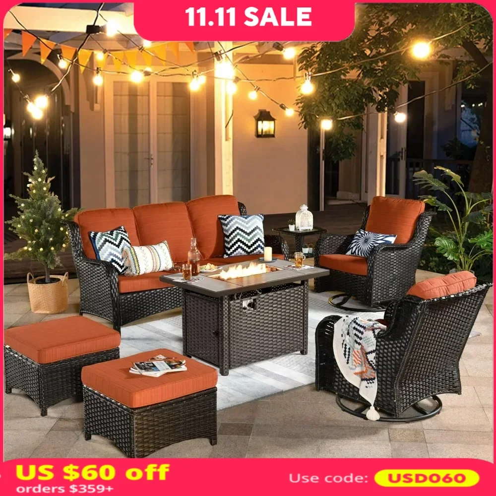 Patio Furniture Set, 7 Piece Outdoor Wicker Swivel Rocking Chairs with Rectangle Propane Fire Pit Table, All Weather Sofa Set