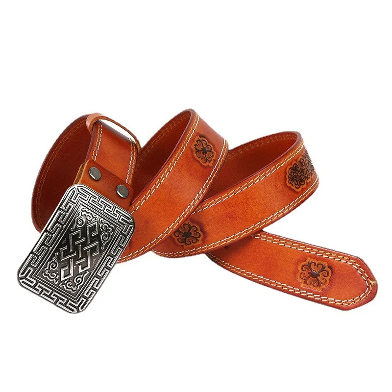 38-センチメートル新牛革エスニックレトロスタイルパーソナライズされたスムースバックルメンズベルト男性アクセサリー本革アクセサリーベルト