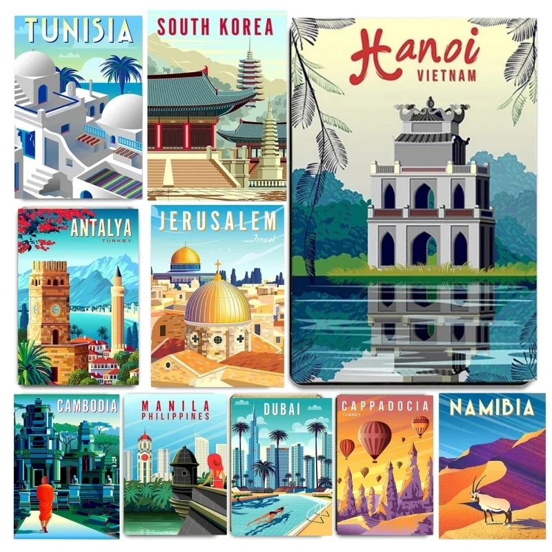 Nordic Vintage Metal Tin Signs Travel Cities Posters Turkey Dubai Tanzania Landscape Retro Plate Home Wall Decor Room Decoration