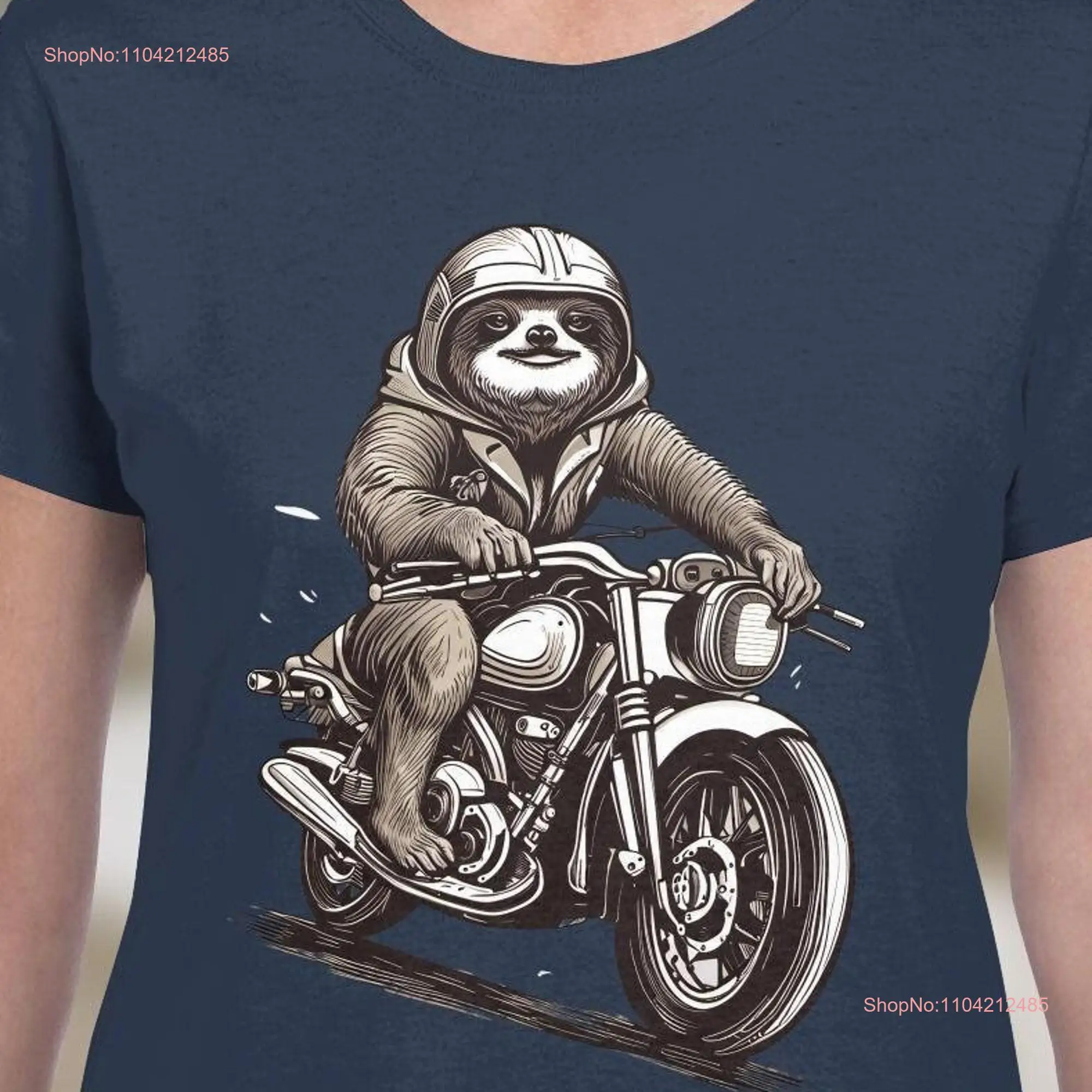 Sloth on a Motorcycle Womans T Shirt Ladies Crewneck Cute Retro Funny Womens  long or short sleeves