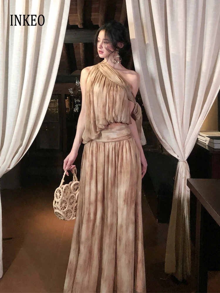 

Sexy women's matching sets 2026 Summer Stylish print Skew collar crop tops and long skirt Vintage Design 2 Piece set INKEO 6D061