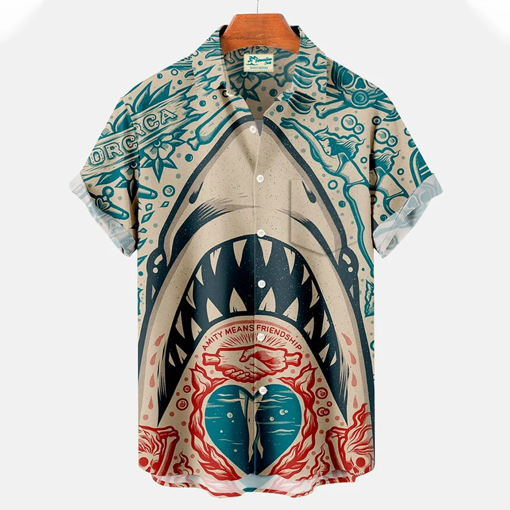 New Men's Hawaiian Beach Button Shirts Short Sleeve Animal Shark 3D Print Casual Lapel Fashion Collar Retro Clothes Hiphop