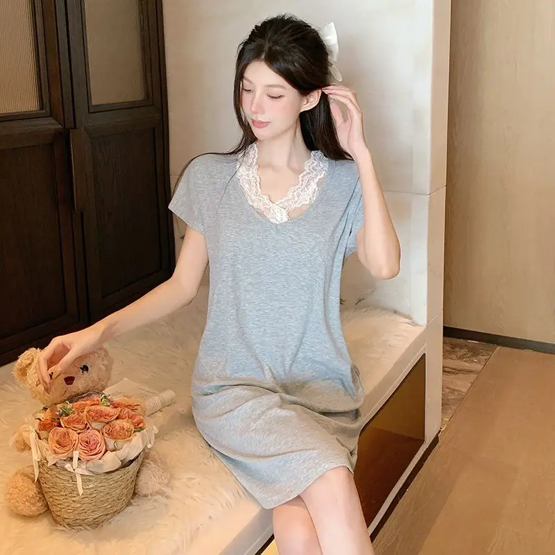 

2025 Summer Short Sleeve Sexy Lace V-neck Modal Nightgowns for Women Korean Cute Sleepwear Night Dress Nightdress Home Nighty