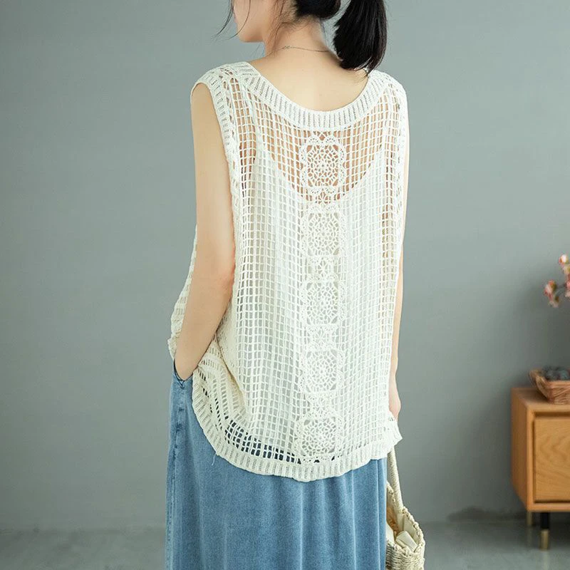 Summer Cotton Women Knitted Tank Tops Wear Outside Solid Fashion All-match Vintage Literary Casual Oversized Clothing Vest White