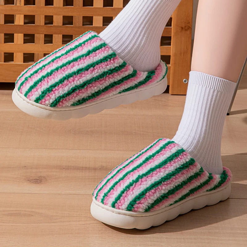 Winter Women's Plush Slippers Fashion Colorful Stripes Thickened Coral Fleece Warm Home Cotton Shoes Thick-soled House Slippers - Image 6