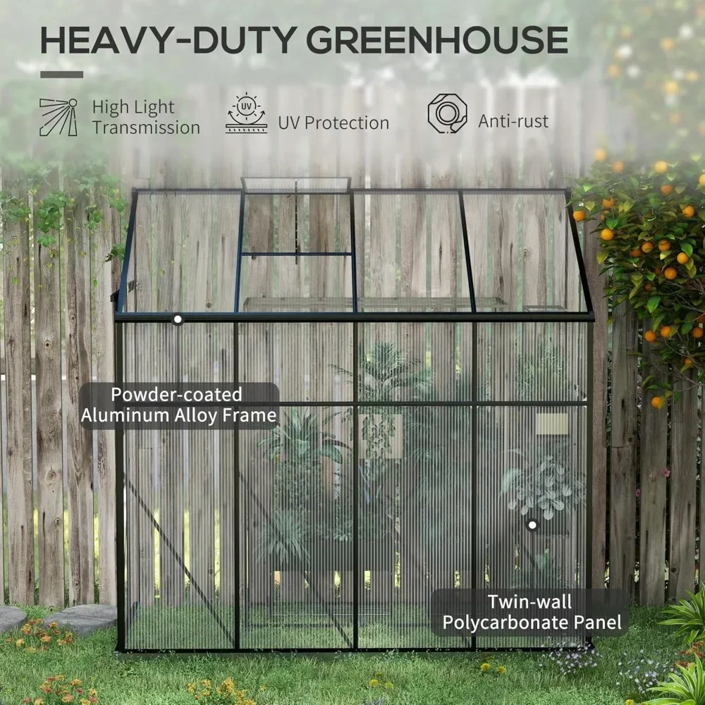 Lean-to PolyCarbonate Greenhouse, Walk-in Greenhouse w/Sliding Door, 5-Level Roof Vent, Rain Gutter, Aluminum Frame & Foundation