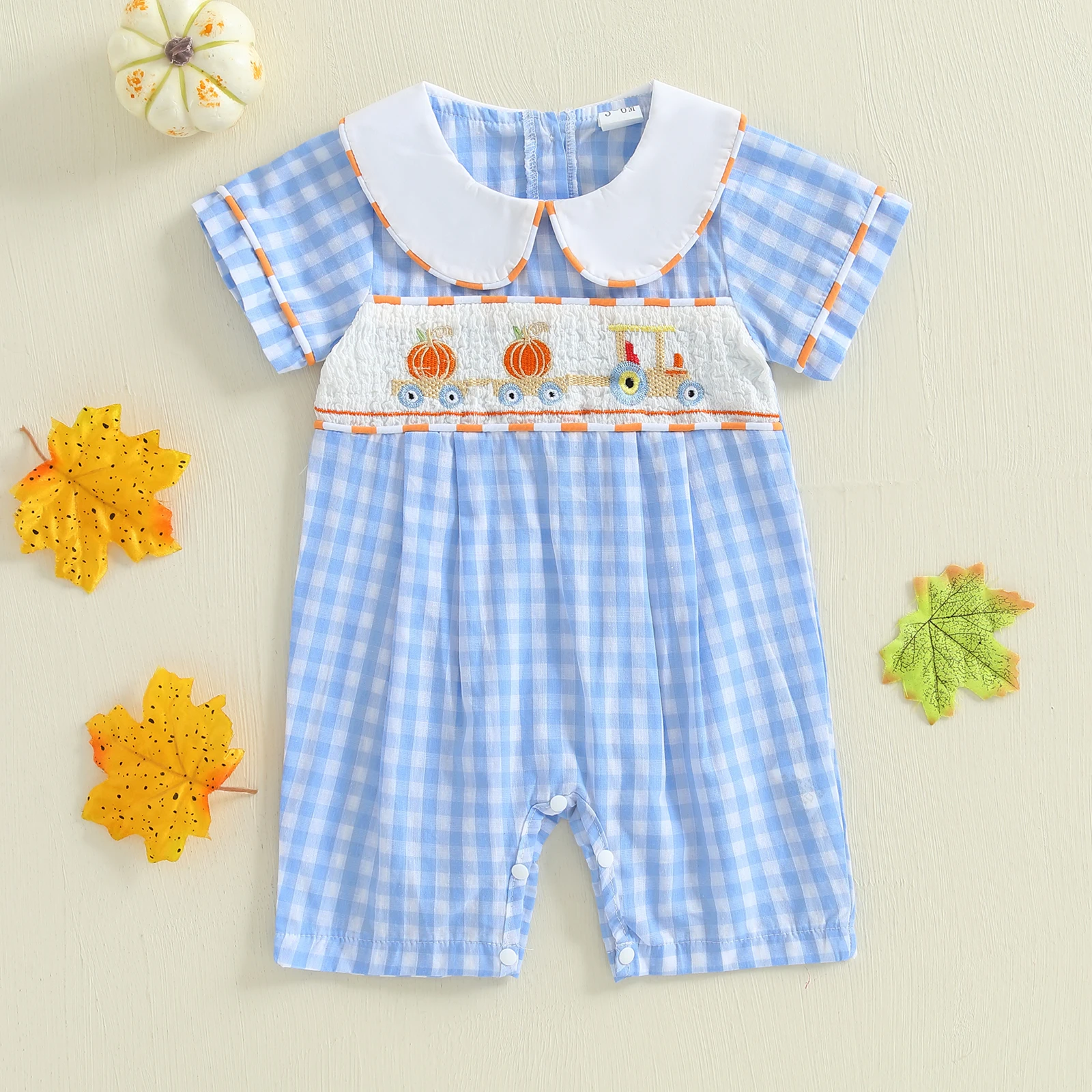 

2025-05-22 Lioraitiin Baby Girls Rompers Halloween Clothes Pumpkin Embroidery Plaid Short Sleeve Bodysuits Jumpsuits