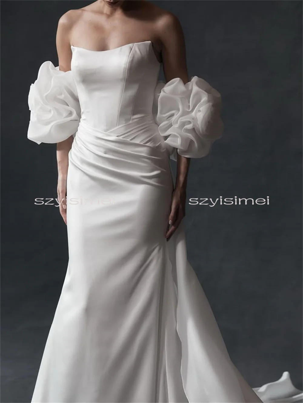 Customized Strapless White Mermaid Wedding Dress Floor Length Removable Skirt Bridal Dress For Wedding Bohemian Style for Brides