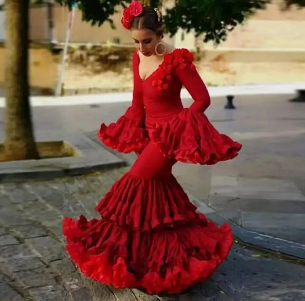 Pretty Flamenco Dresses Ruffles abiye gece elbisesi Red Floral Elegant Evening Gowns with Sleeves Layered Mermaid Tiered