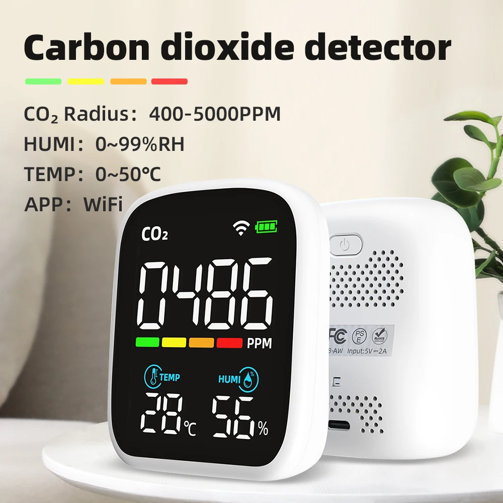 

WiFi 3 In 1 Digital Air Quality Detector CO2 / PM2.5 Temperature Humidity Monitor Carbon Dioxide Tester LCD Type-C Rechargeable