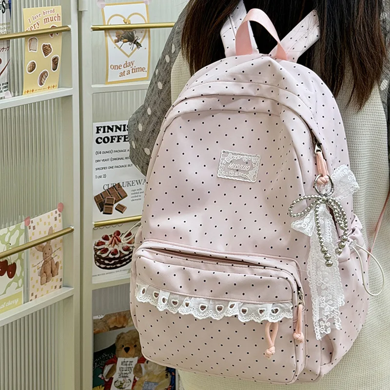 Korean Style Polka Dot Backpack, Women Lace Trim Cute Casual Lightweight Nylon School Travel Bag