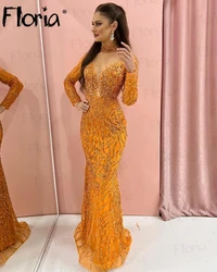 African Orange Party Dress Sparkly Long Sleeve Wedding Guest Gowns Full Beaded Formal Prom Dresses Vestidos De Fiesta Customize