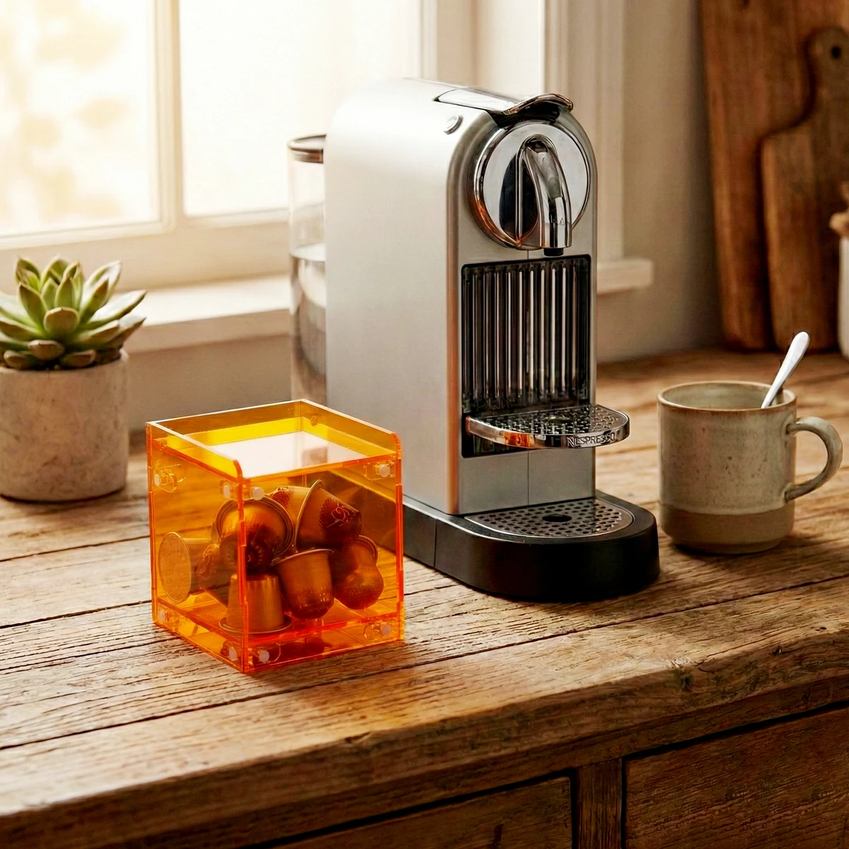 Acrylic Coffee Capsule Holder, Clear Desktop Organizer for Nespresso Pods, Dustproof Display Box with Lid, Stackable Storage Bin