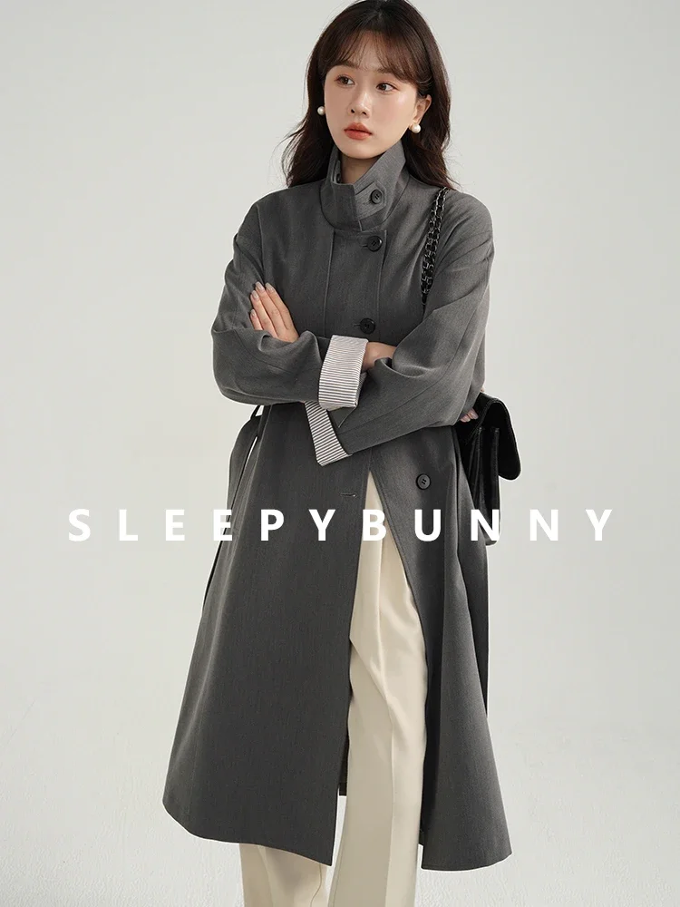 

Gray Stand Collar Loose Fit Vintage Draped Trench Coat Women Single-Breasted Over Knee Long Elegant Patchwork Outerwear 2024