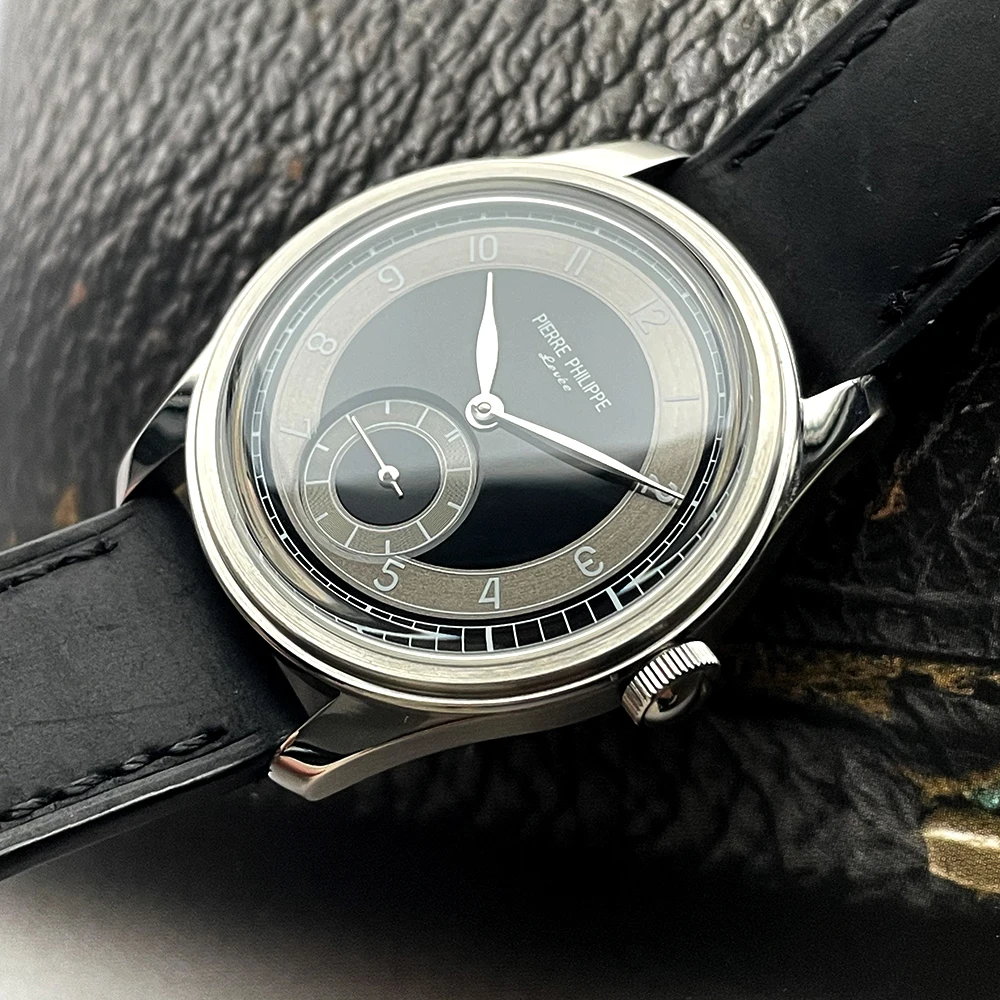 Relógio masculino de alta qualidade 38mm mostrador esmaltado preto ST17 relógio mecânico manual de couro à prova d'água