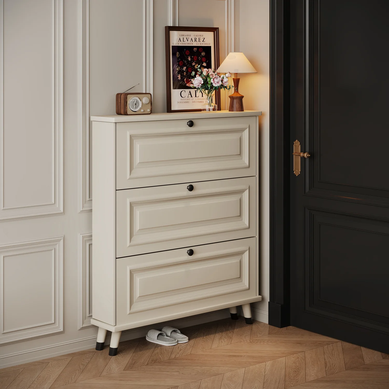 American ultra-thin tipping bucket shoe cabinet household door entrance entrance storage cabinet integrated against the wall nar