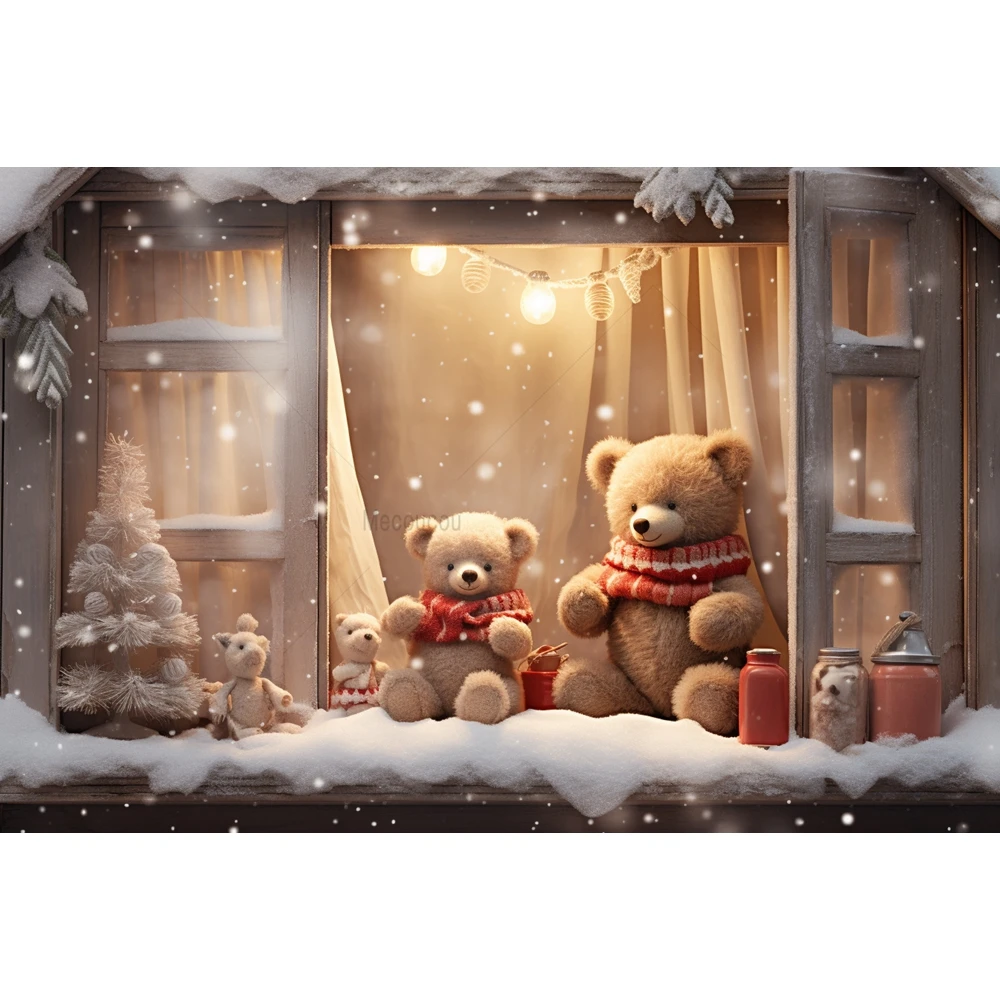 Christmas Bear Toys Backdrop Gifts Window Starry Sky Xmas Tree Kids Portrait Photo Background Red Curtain Photography Photoshoot