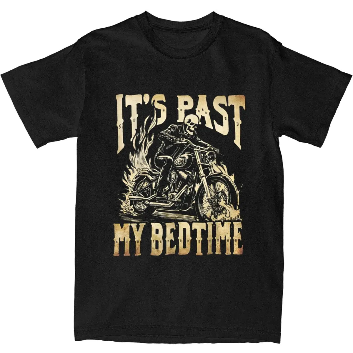 Funny Skeleton Motorcycle Its Past My Bedtime Meme Halloween T Shirt Y2K Cotton Cool Tee Shirt For Men's Short-Sleeve Tees