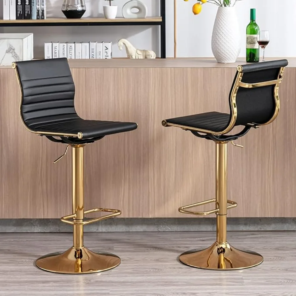 Juego de 2 sillas de taburetes de bar de metal, taburete de mostrador sin brazos de cuero PU negro moderno con base dorada, taburetes de bar ajustables en altura