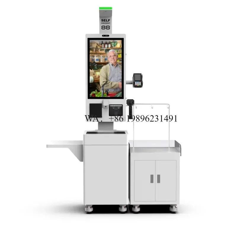 23.8 Inch Supermarket Self Checkout Kiosk, 80mm Printer, Large Window Scanner, Built-in 15kg Scale, AI Product Recognition