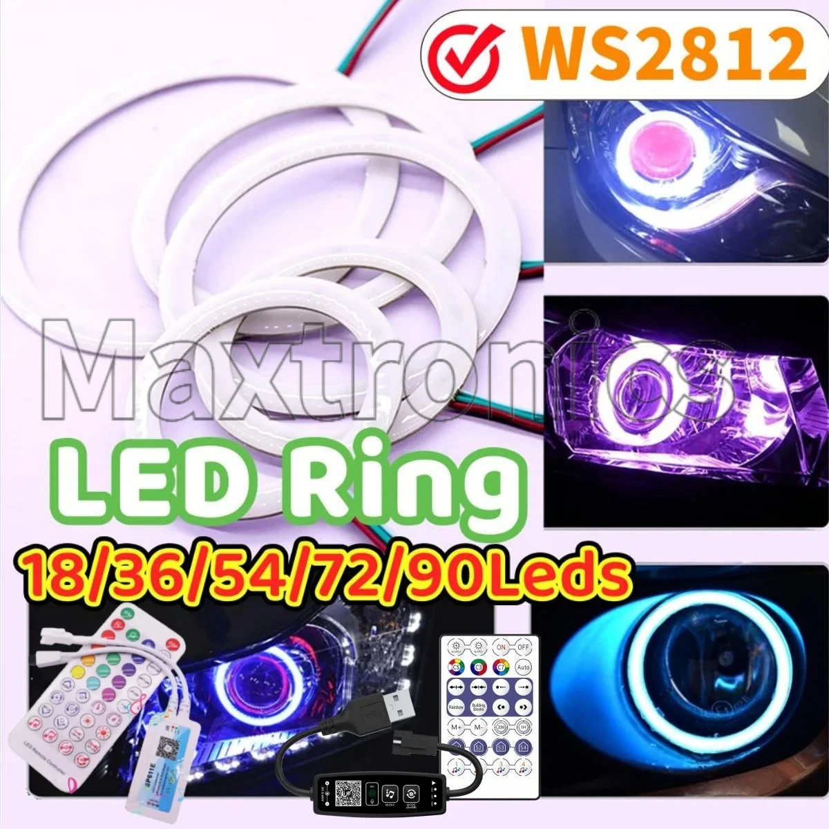 

Светодиодное пиксельное кольцо WS2812B с 18/36/54/72/90 светодиодами, индивидуально адресуемые, со встроенной микросхемой WS2812, контроллер LED с 28 клавишами/SP611e и управлением через Bluetooth APP