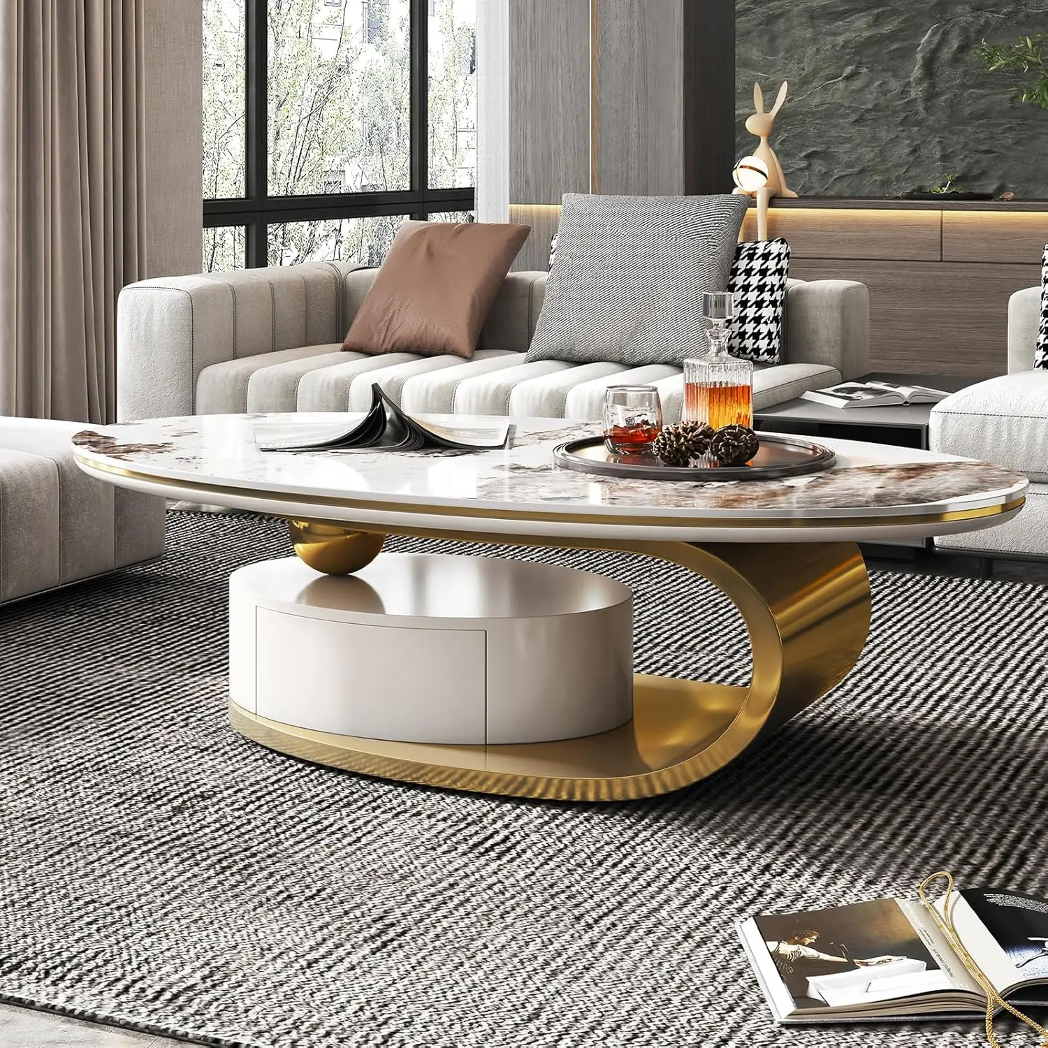 Mesa de centro de pedra oval moderna requintada Gold.55" com base de metal abstrata e gaveta - peça central perfeita para uma vida elegante R