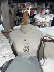 Flower Little Deer Embroidery T-shirt Crew Neck Cotton Slim Short Sleeve Tee Shirts Woman Sweet Cute Casual Gray Tops Y2k New