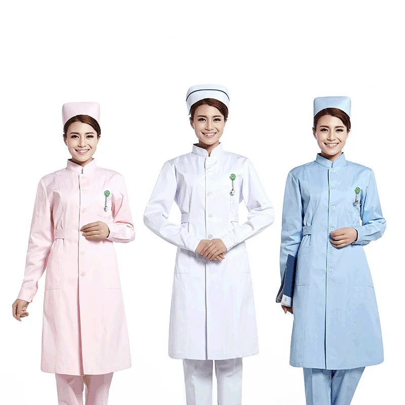 Stand Collar Nurse Uniform Womens Lab Coats Professional Nurse's Suit Beauty Salon Long-Sleeved Work Clothes Solid Medical Dress