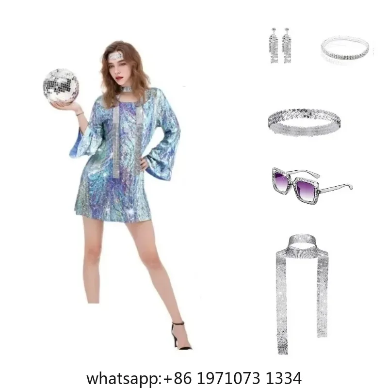 70s Disco Women Costume Outfit and Accessories Shiny Head with Sunglasses Earrings Necklace Bracelet for Stage Performance Party
