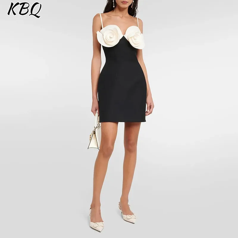 

KBQ Colorblock Designer Sexy Dresses For Women Suqare Collor Sleeveless High Waist Spliced Appliques Dress Female Fashion Style