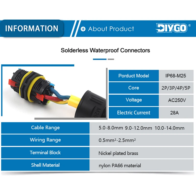 M25-2/3/4/5 Pin IP68 Push-In Spring Splice Terminal Blocks With Lever Quick Wire Connector Outdoor Waterproof Junction Box