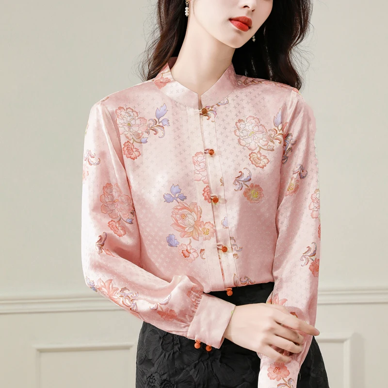 

Satin Women's Shirts Spring/summer Flower Chinese Style Blouses Loose Long Sleeves Vintage Women Tops Fashion Clothing