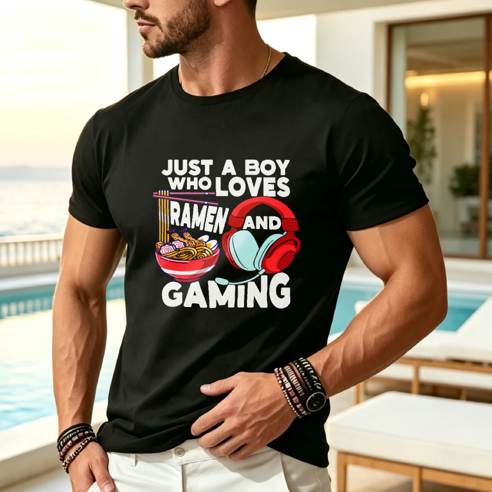 Men'S T-Shirt Featuring a Design of a Noodle Bowl And Ramen Noodle Headphones, with The Slogan 'A Who Loves Ramen And Gaming' - a Casual Summer Tee Perfect for Gamers, Anime Enthusiasts, And Fans - Black with White Print (Machine