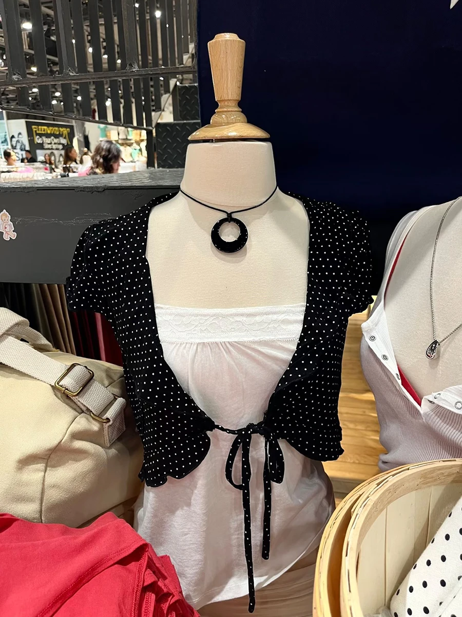 Polka Dot Ruffles Crop Top for Woman Summer Short Sleeve Lace-up Cropped Smock Female Sweet Cute Preppy Style All-match T-shirts
