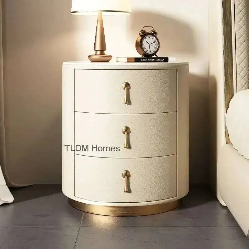 Mesa de cabeceira de madeira de couro sólido de luxo de alta qualidade mesa de cabeceira redonda design quarto mesa de cabeceira móveis de quarto