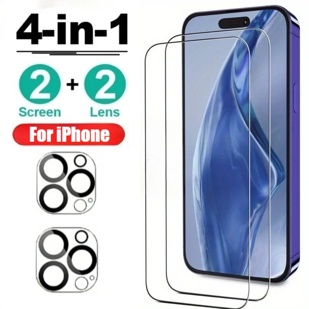 

4-in-1 Ultra HD Tempered Glass for iPhone 17 16 15 Pro Max 15 14 Plus Camera Lens Film for iPhone 14 13 12 11 Pro Max 16e 17 Air
