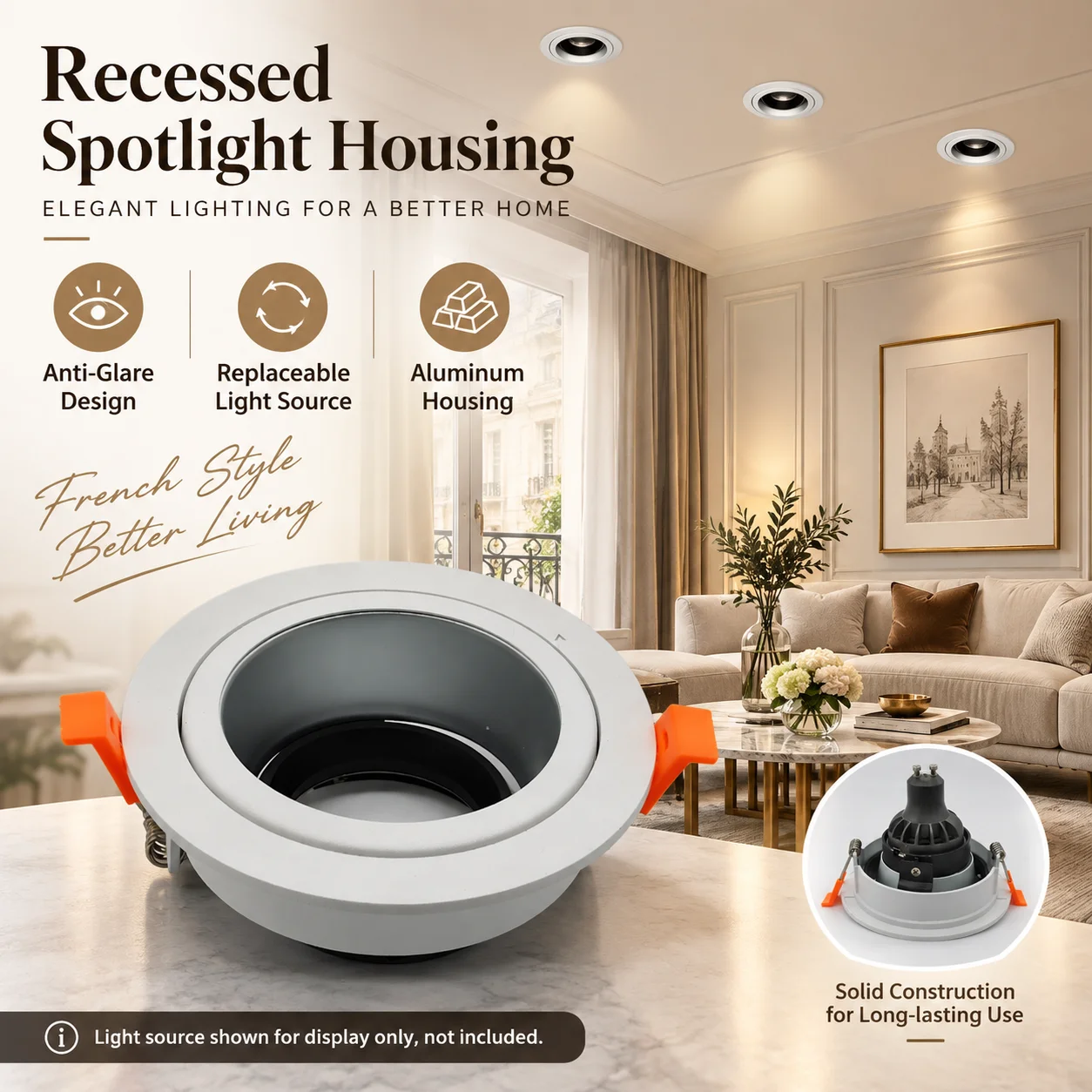 95mm Cutout GU10 Recessed Downlight Frame Deep Anti Glare Aluminum Spotlight Housing Replaceable Bulb Holder Ceiling Light