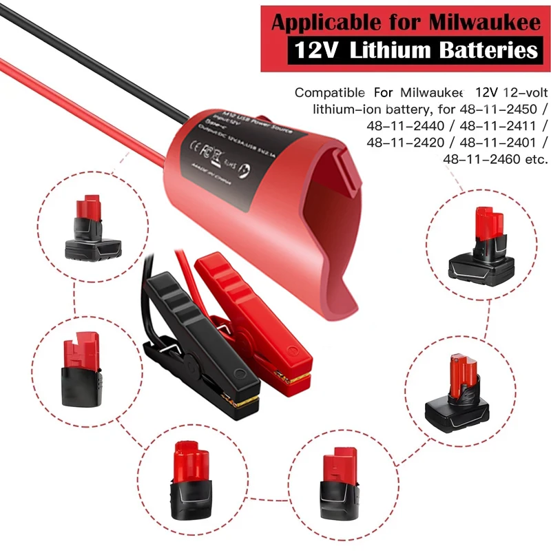 

For Milwaukee 12V Li-ion Battery 48-11-2450 Jumper Cables Car Accessories Jump Starting Adapter Auto Booster Cable Car Use Tool