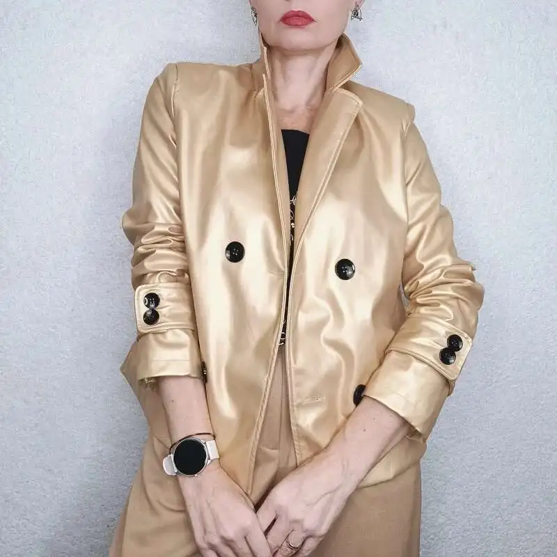 BabYoung Autumn Winter Gold Faux Jackets Women 2024 New Long Sleeves PU Leather Short Coats Outwear For Female