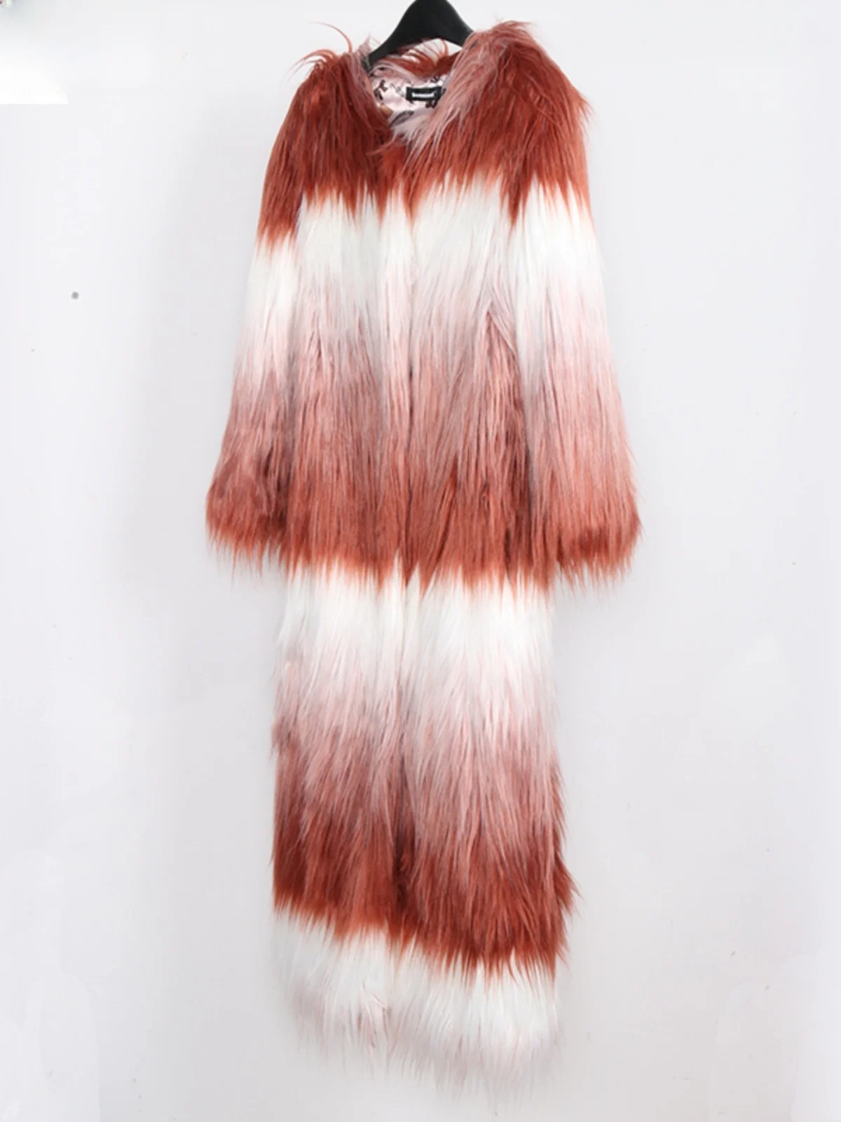 

Nerazzurri Long Fur Coat Women's round Neck Fashion Gradient Color Simulation Fur Jacket Eco-friendly Leather Outerwear
