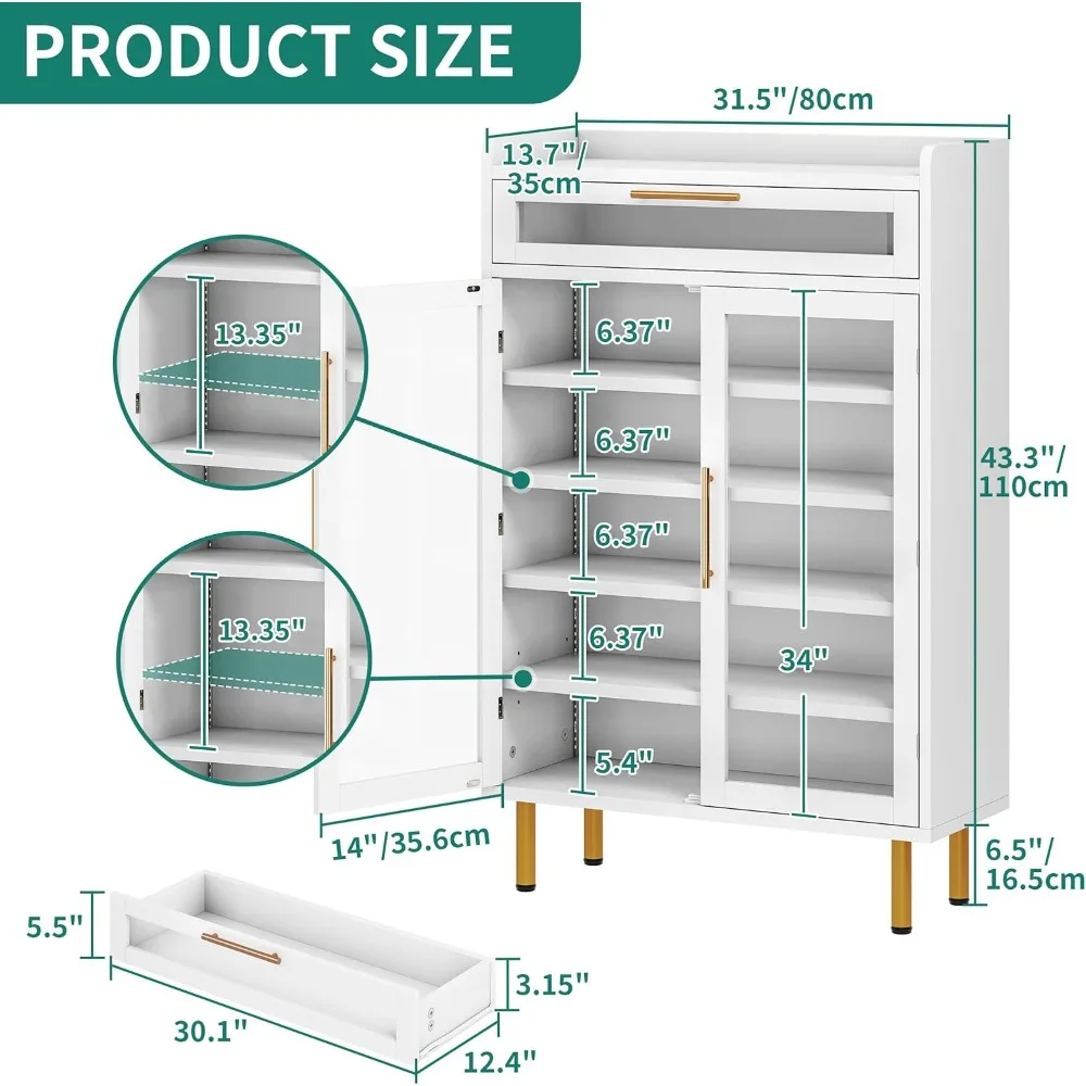 خزانة أحذية خشبية حديثة مع درج وأضواء LED، منظم أحذية ضيق قائم بذاته لتخزين المدخل