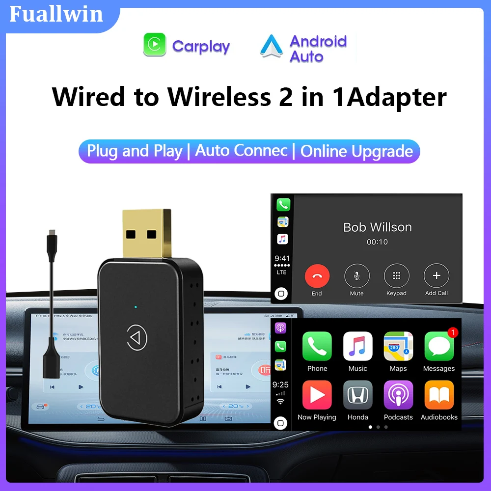 

2024 Mini CarPlay Wireless Adapter Android Auto 2in1 box Bluetooth WiFi Fast Connect Plug And Play For OEM Wired CarPlay Car