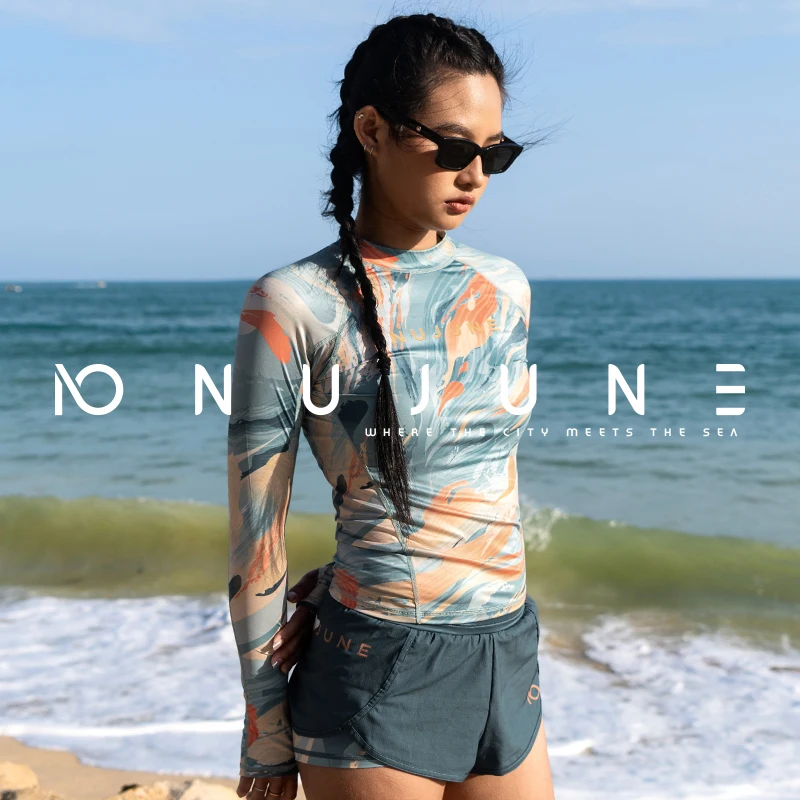 Nu-June Women's Swimsuit Print Surf Rash Guard Long Sleeve Quick Dry Swim Shorts Set Sport Sun Protection Bathing Suit Swimwear