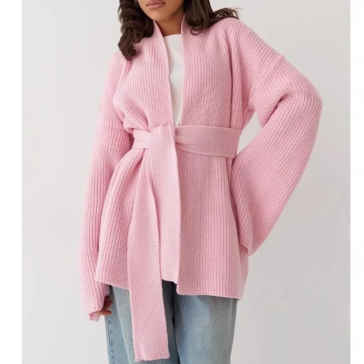 Knit Lace-Up Ribbed Cardigan Coat Women V-Neck Loose Casual Elegant Nightwear Clothes Female Knitwear Sweaters Cardigan