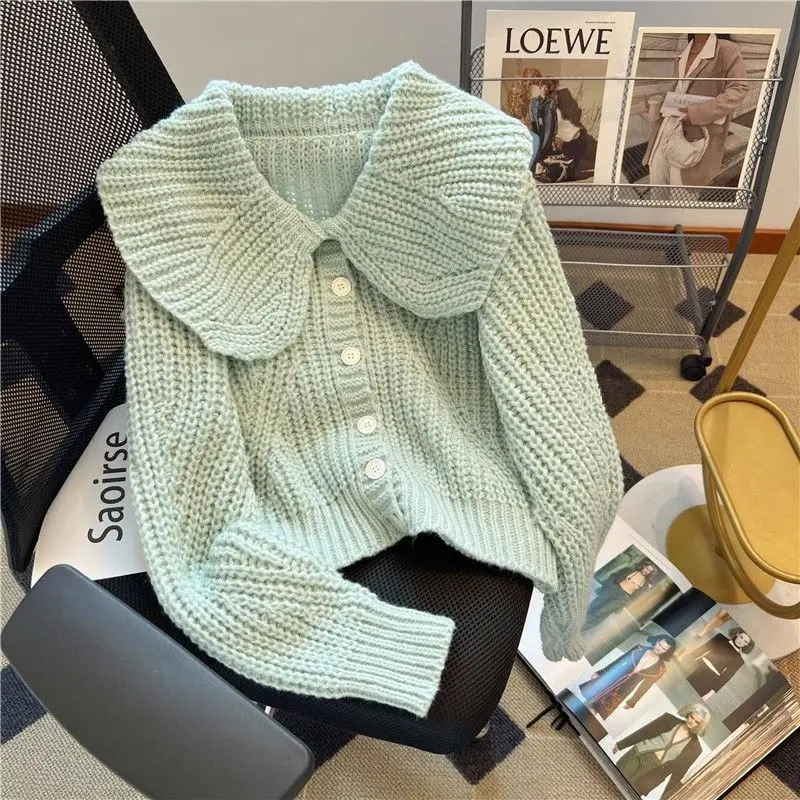 2024 Autumn/Winter Korean Edition New Sweet Doll Neck Short Sweater Women's Loose Knitted Cardigan