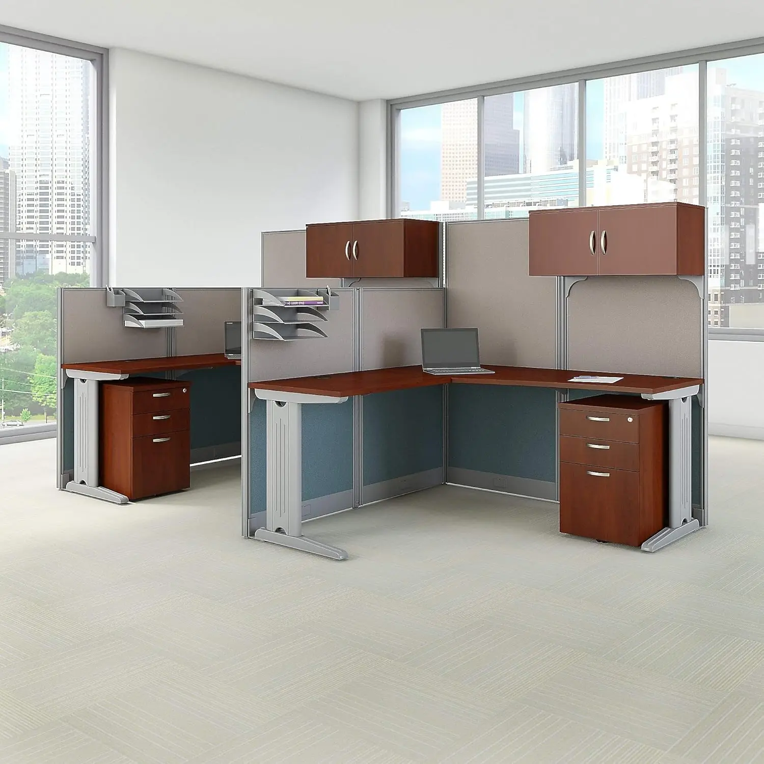 Office in an Hour L Shaped Cubicle Desks with Storage, Drawers, and Organizers | Double Workstation Set