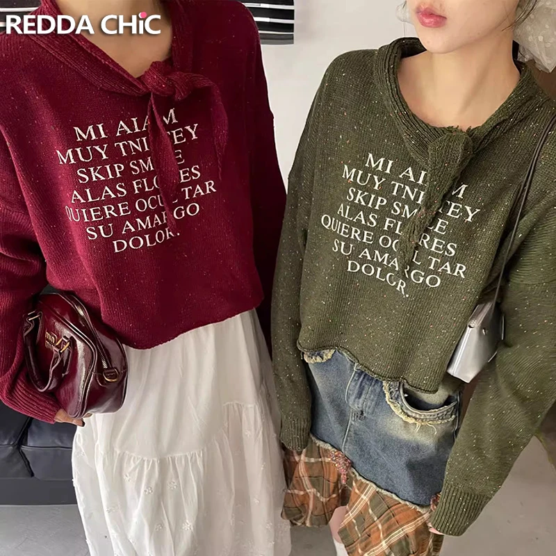 

ReddaChic Lounge женский пуловер с графическим рисунком, свитер с завязками и буквами, свободный укороченный джемпер с длинными рукавами, винтажный осенний трикотаж