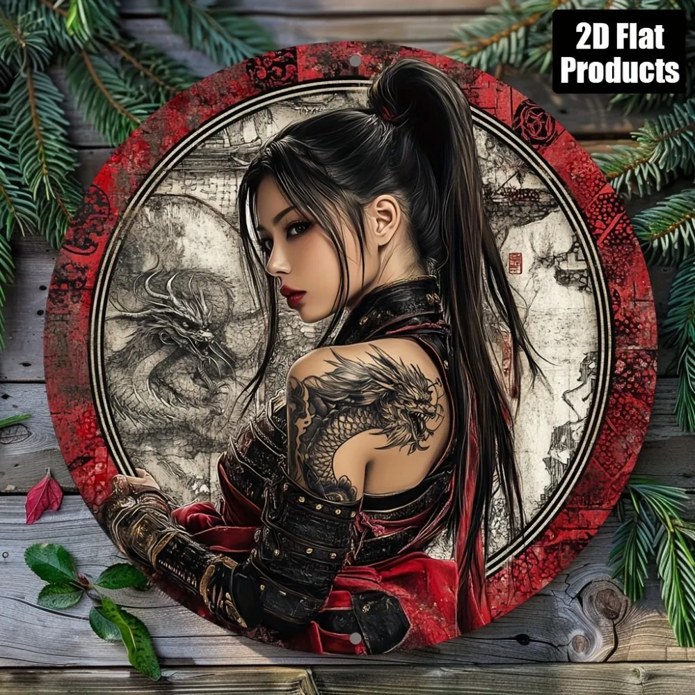 Japanese Samurai Red Dragon Aluminum Wall Art 8x8 Round Home Decor