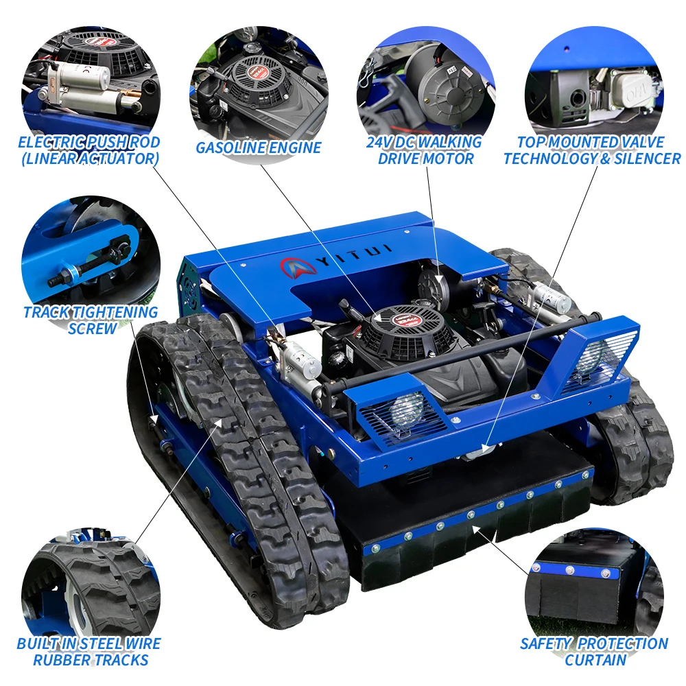 Cortadora de Césped Multifuncional a Control Remoto, para Todo Tipo de Terreno, con Orugas, Personalizable, Equipada con Caja de Herramientas